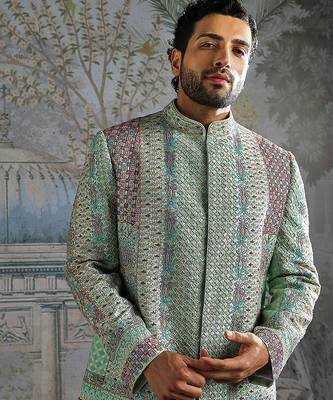 green embroidered silk bandhgala set for men 4