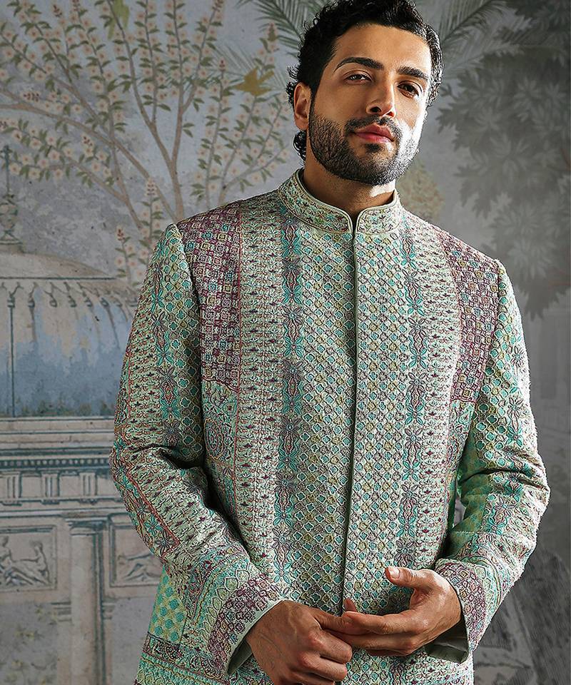 Green embroidered silk bandhgala set