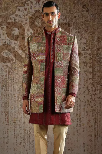 Maroon embroidered pashmina indo western set