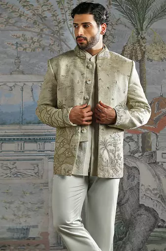 beige designer embroidered bandhgala set for men