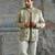 Beige embroidered jacquard bandhgala set