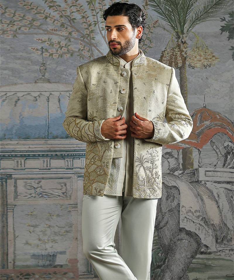 Beige embroidered jacquard bandhgala set