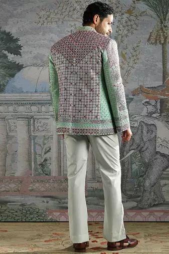 green embroidered silk bandhgala set for men