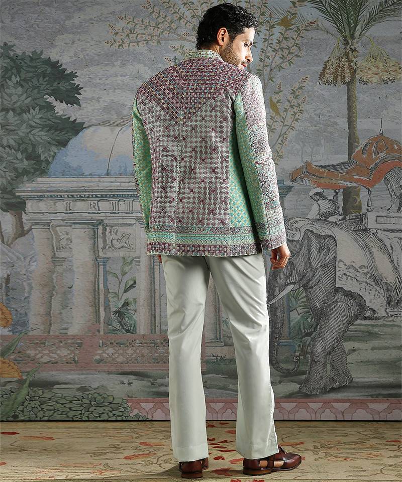 Green embroidered silk bandhgala set