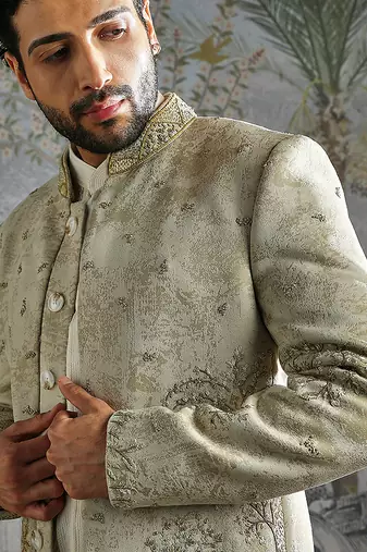 beige designer embroidered bandhgala set for men