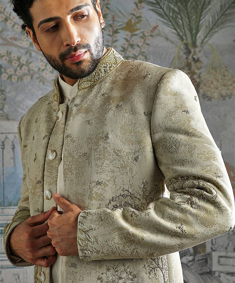Beige embroidered jacquard bandhgala set