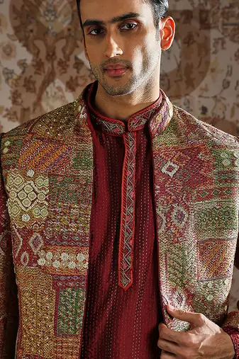 Maroon embroidered pashmina indo western set