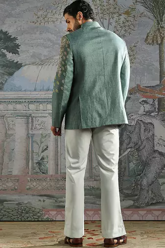 blue embroidered linen bandhgala set for men