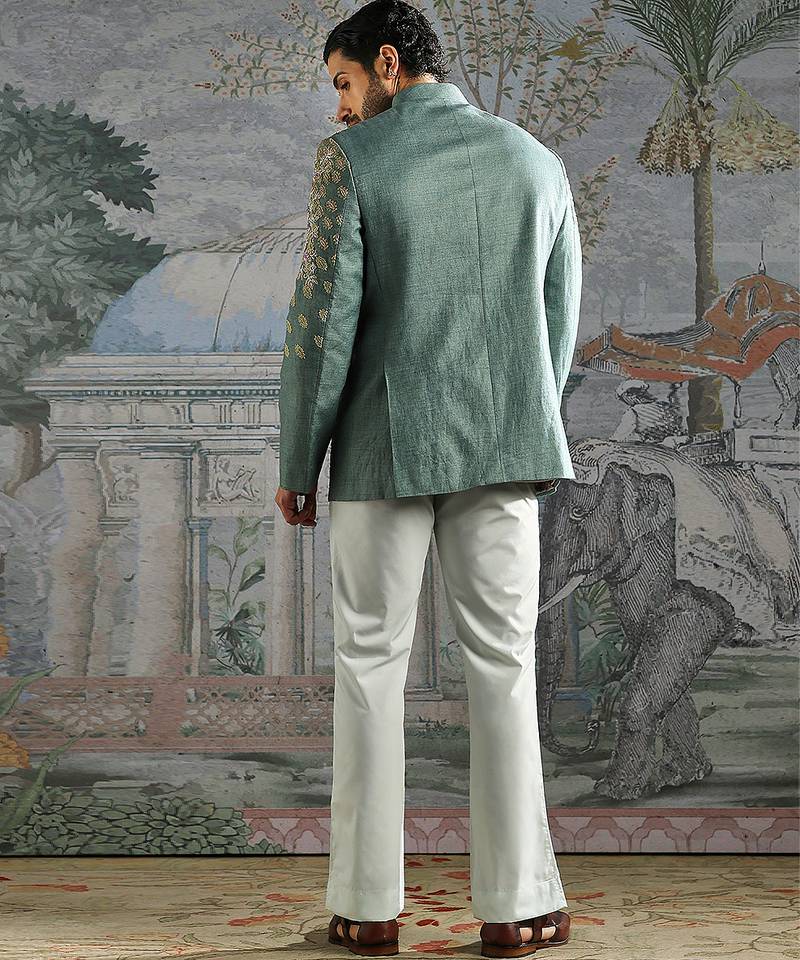Teal Blue embroidered linen bandhgala set