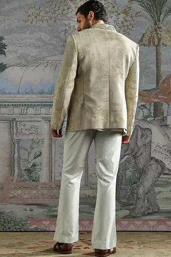 beige designer embroidered bandhgala set for men