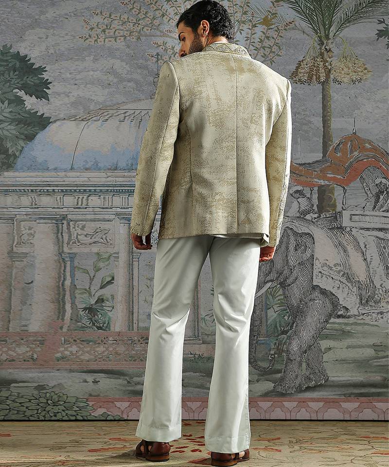 Beige embroidered jacquard bandhgala set