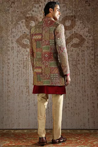 Maroon embroidered pashmina indo western set