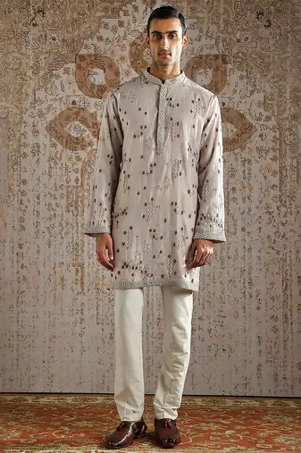 beige embroidered jacquard bandhgala set men