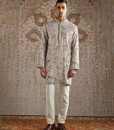 Beige embroidered jacquard bandhgala set