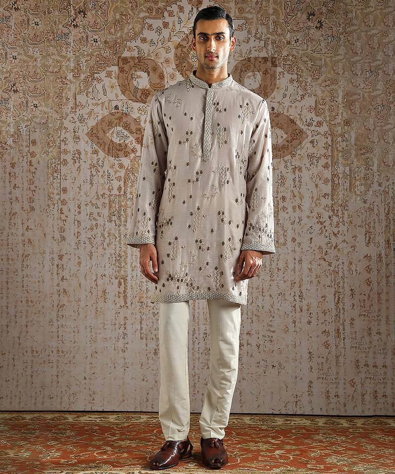 Beige embroidered jacquard bandhgala set