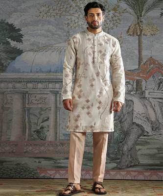 Ivory embroidered chanderi silk kurta set 1