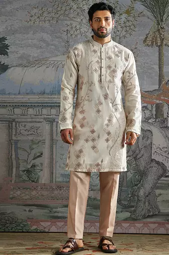 Ivory embroidered chanderi silk kurta set