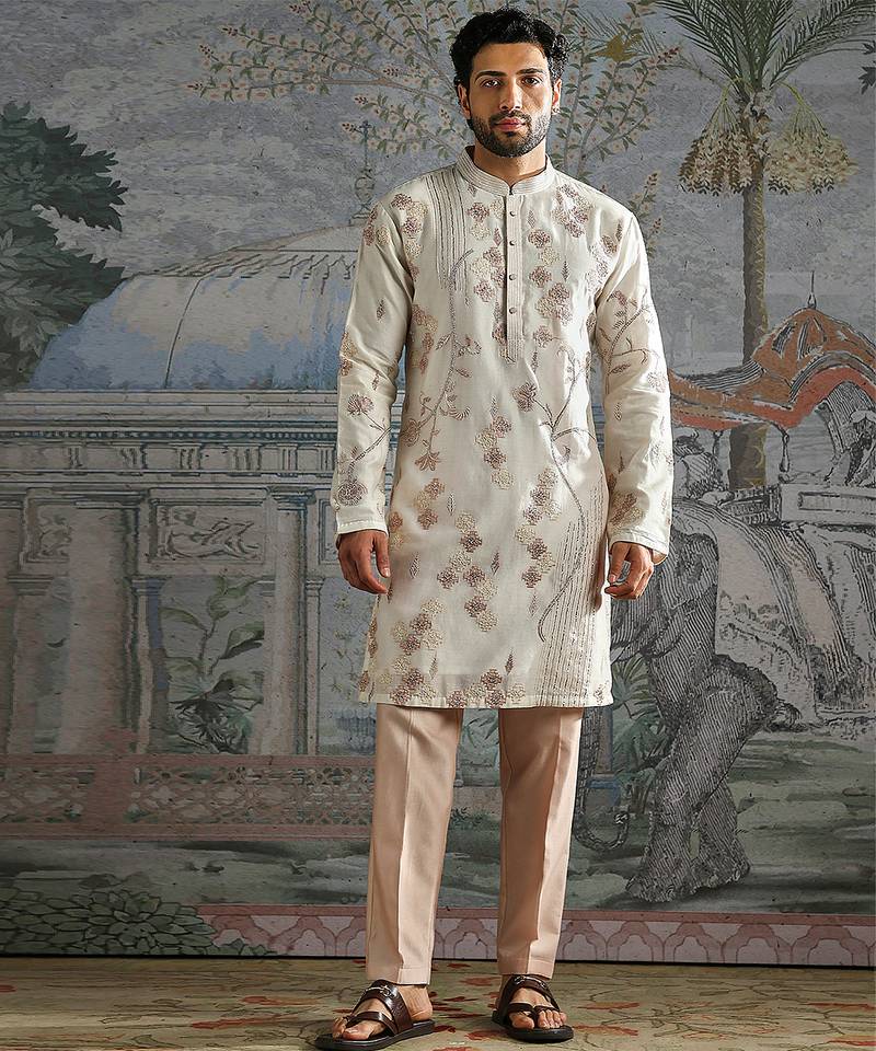 Ivory embroidered chanderi silk kurta set