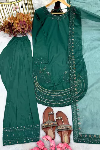  party wear crepe top with farshi palazzo & organza dupatta set