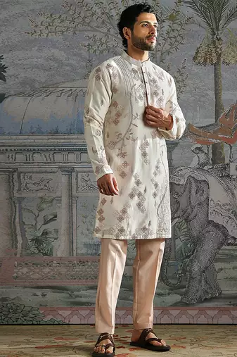 Ivory embroidered chanderi silk kurta set