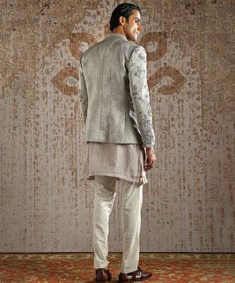 beige embroidered jacquard bandhgala set men 3