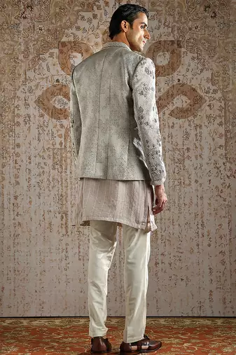 beige embroidered jacquard bandhgala set men
