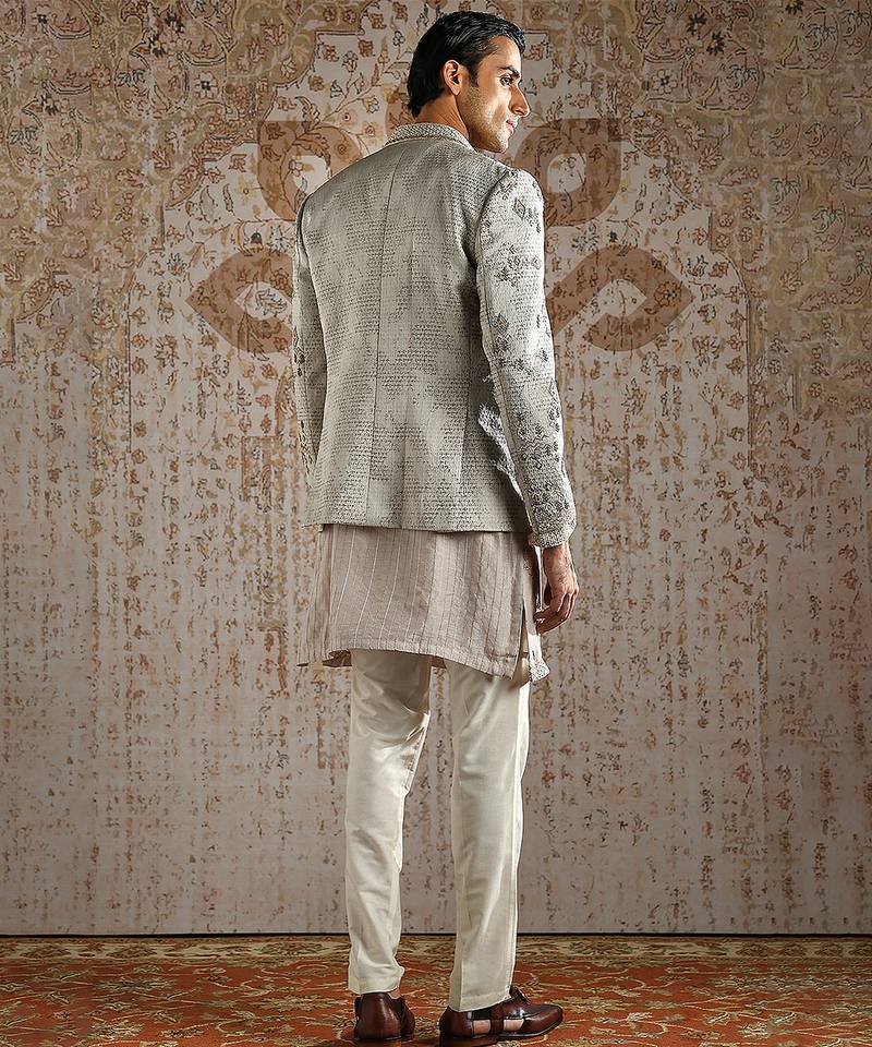 Beige embroidered jacquard bandhgala set