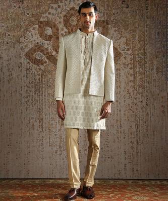 white embroidered silk bandhgala set for men 1