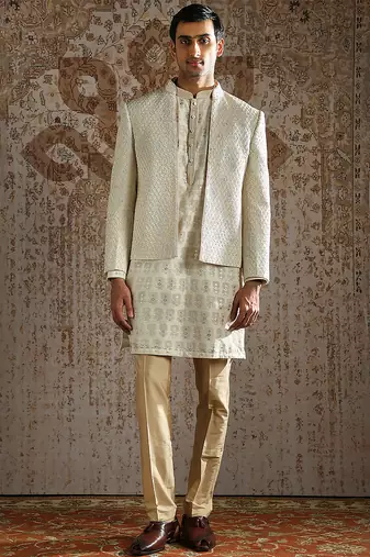 Ivory embroidered silk bandhgala set