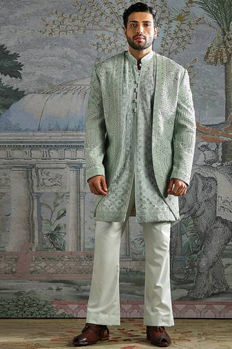 Ice Blue embroidered raw silk bandhgala set