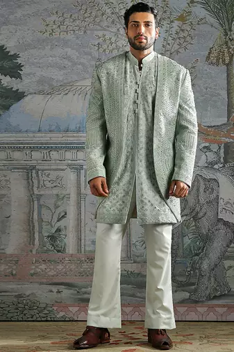 Ice Blue embroidered raw silk bandhgala set