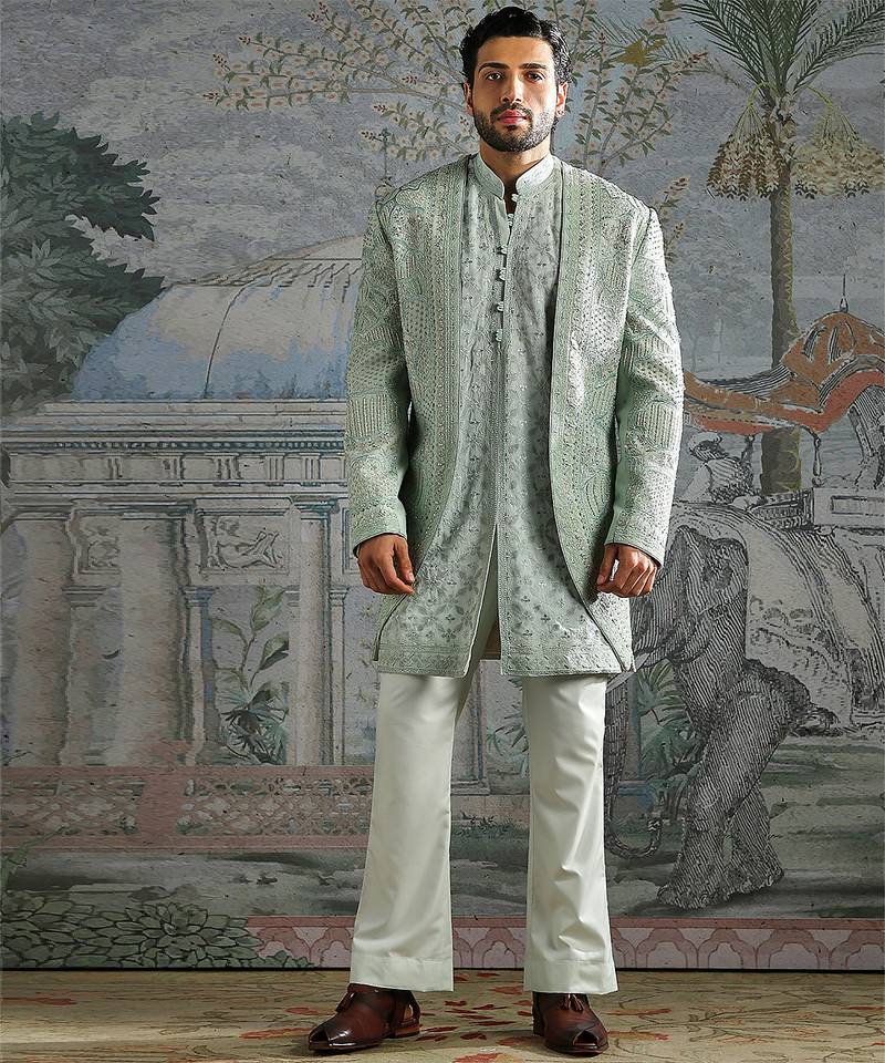 Ice Blue embroidered raw silk bandhgala set