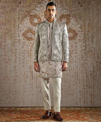 beige embroidered jacquard bandhgala set men 1