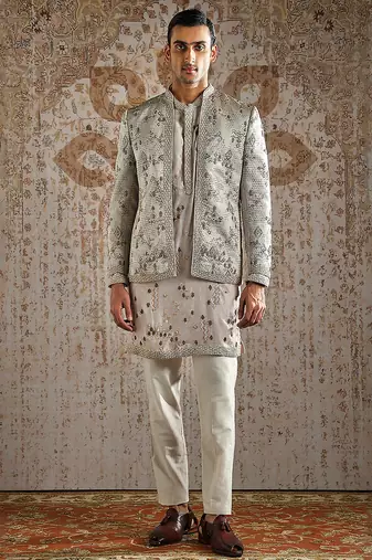 Beige embroidered jacquard bandhgala set