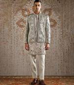 Beige embroidered jacquard bandhgala set