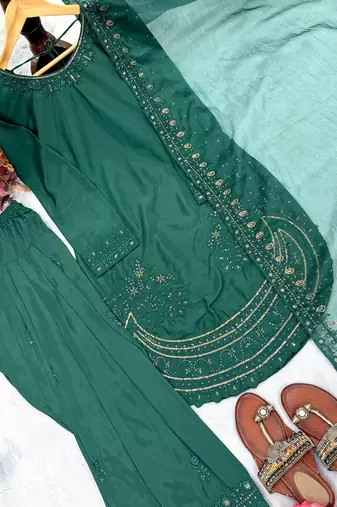  party wear crepe top with farshi palazzo & organza dupatta set