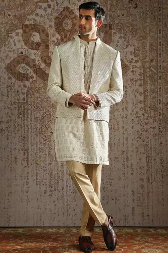 white embroidered silk bandhgala set for men
