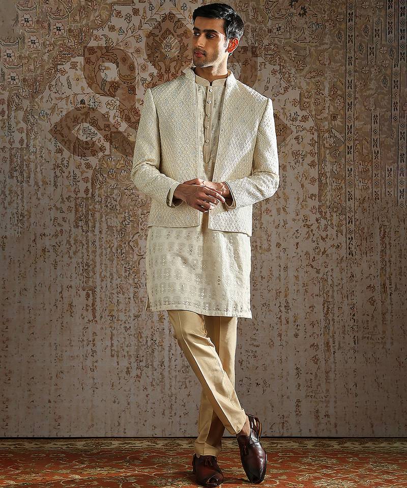 Ivory embroidered silk bandhgala set