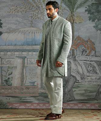 green embroidered raw silk jodhpuri suit for men 2