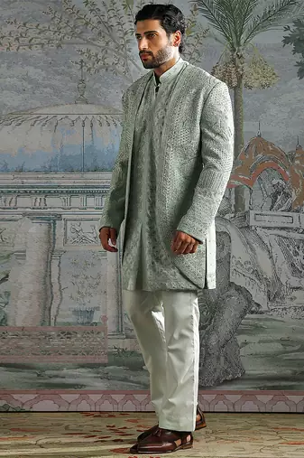 green embroidered raw silk jodhpuri suit for men