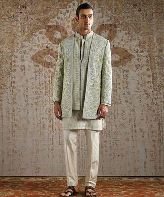 green embroidered raw silk bandhgala set for men 1