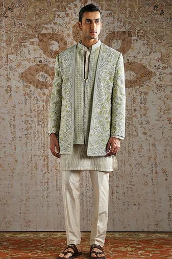 Green embroidered raw silk bandhgala set