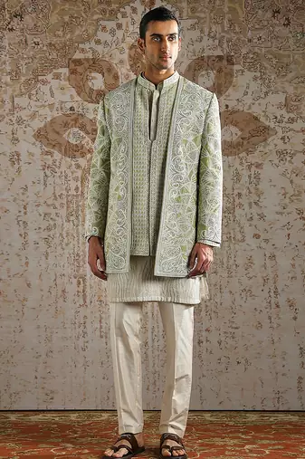 Green embroidered raw silk bandhgala set