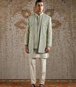 Green embroidered raw silk bandhgala set