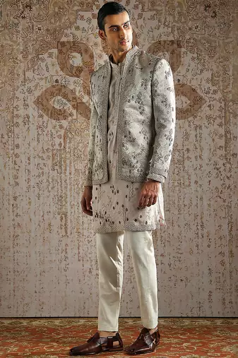 beige embroidered jacquard bandhgala set men