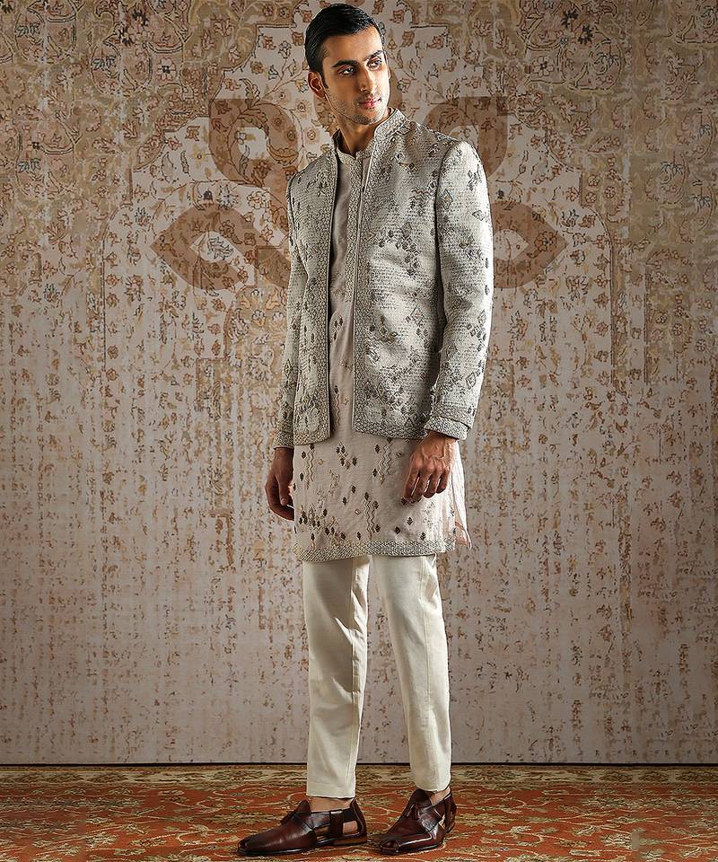 Beige embroidered jacquard bandhgala set