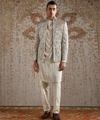 beige embroidered jacquard bandhgala set for men 1