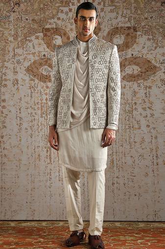 Ivory embroidered jacquard bandhgala set