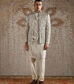 Ivory embroidered jacquard bandhgala set