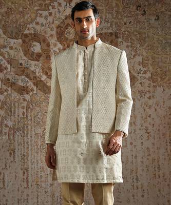 white embroidered silk bandhgala set for men 3